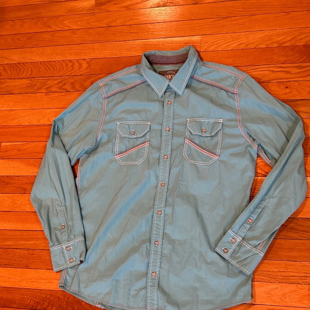BKE Buckle Button Down Front Shirt Teal Blue White Mens XL Western Cowboy Rodeo - Picture 3 of 6